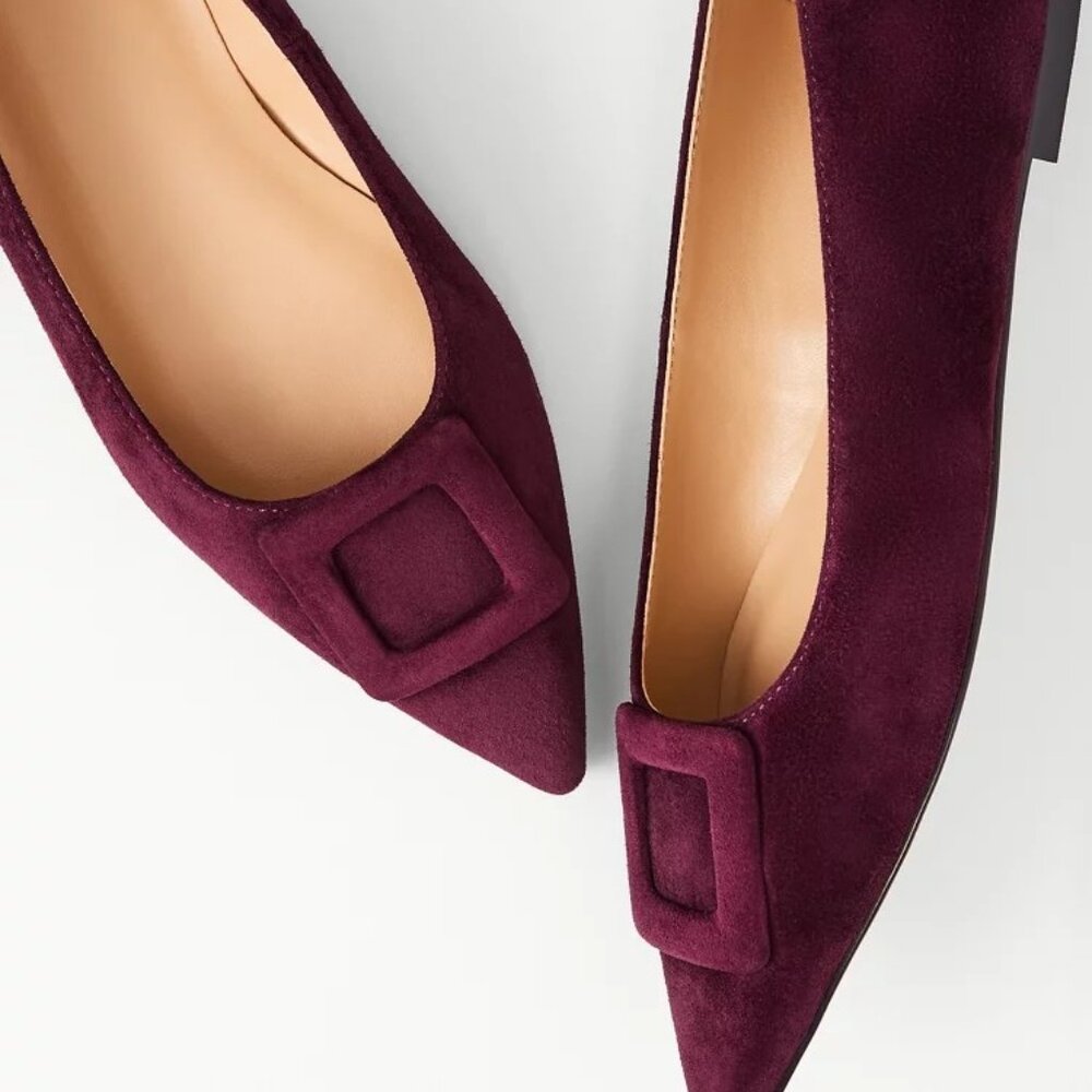 Ann Taylor Burgundy Cranberry Suede Pointed Toe Flats with Buckle